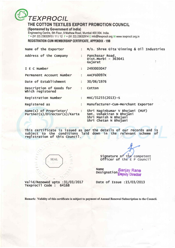 TEXPROCIL - MEMBERSHIP CERTIFICATE